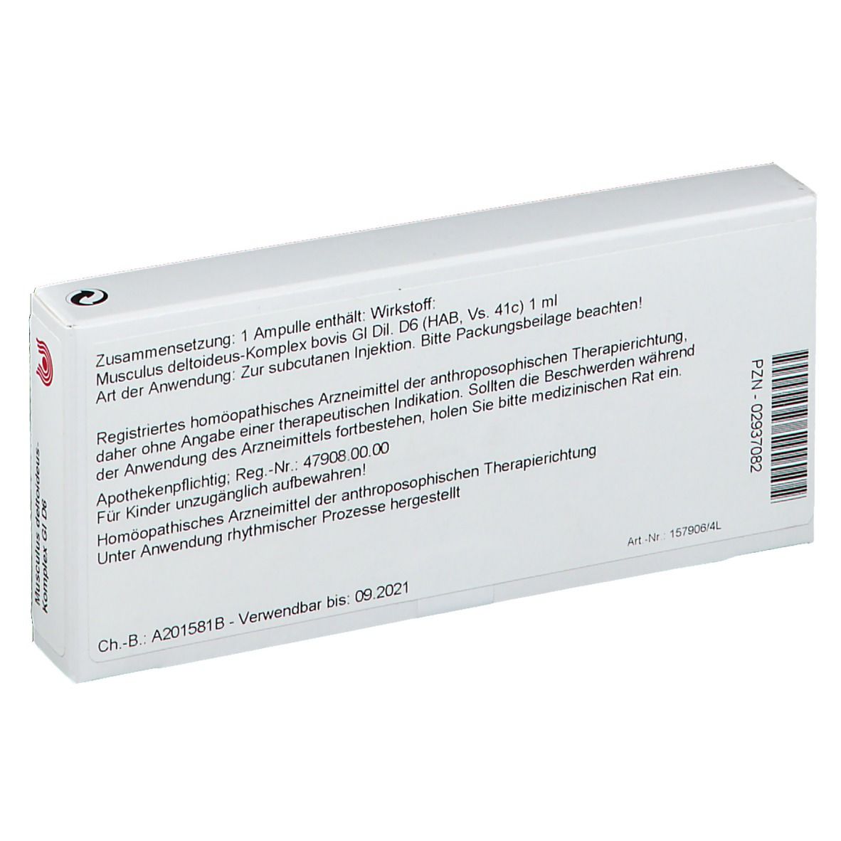Rückseite der Schachtel. Text: Zusammensetzung, Art der Anwendung, Apothekenpflichtig, Ch-B: A201581B.