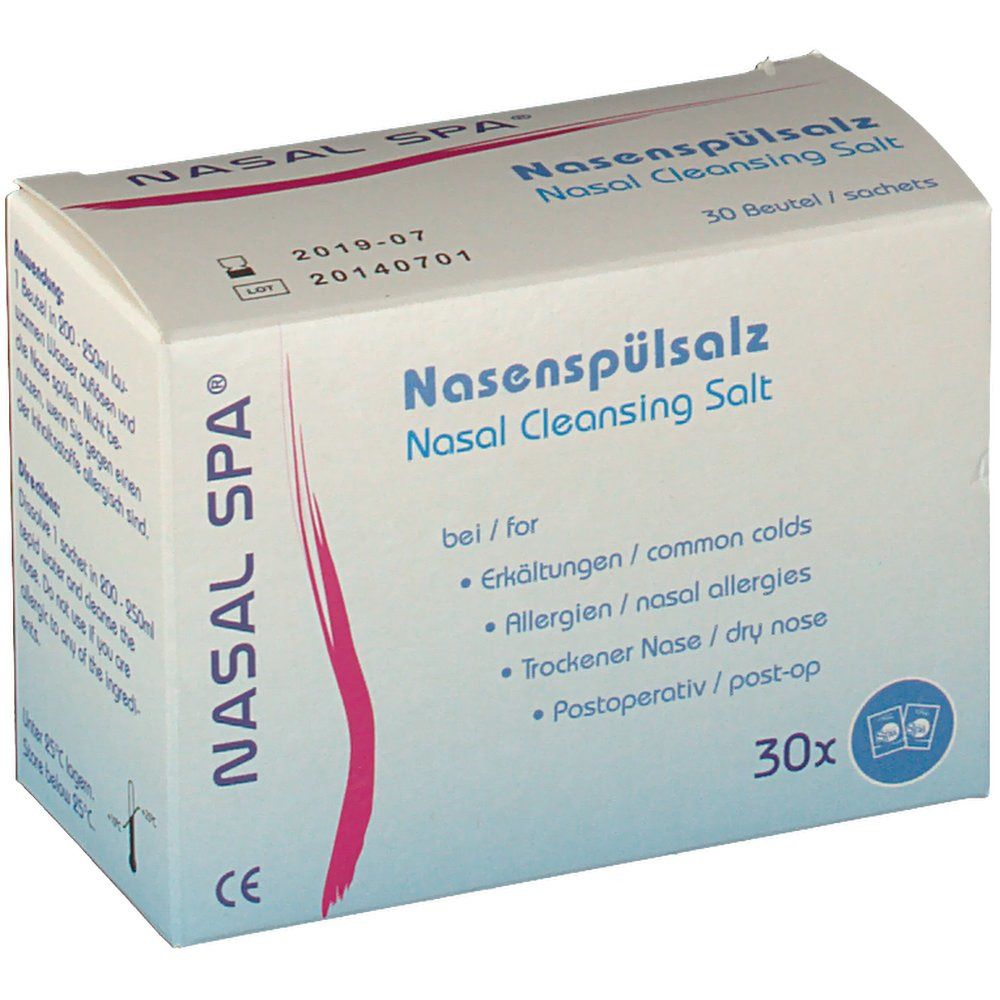 Karton mit Nasenspülsalz. Aufschrift: NASAL SPA®, Nasenspülsalz, 30 Beutel. Indikationen: Erkältung, Allergie, trockene Nase, postoperativ.