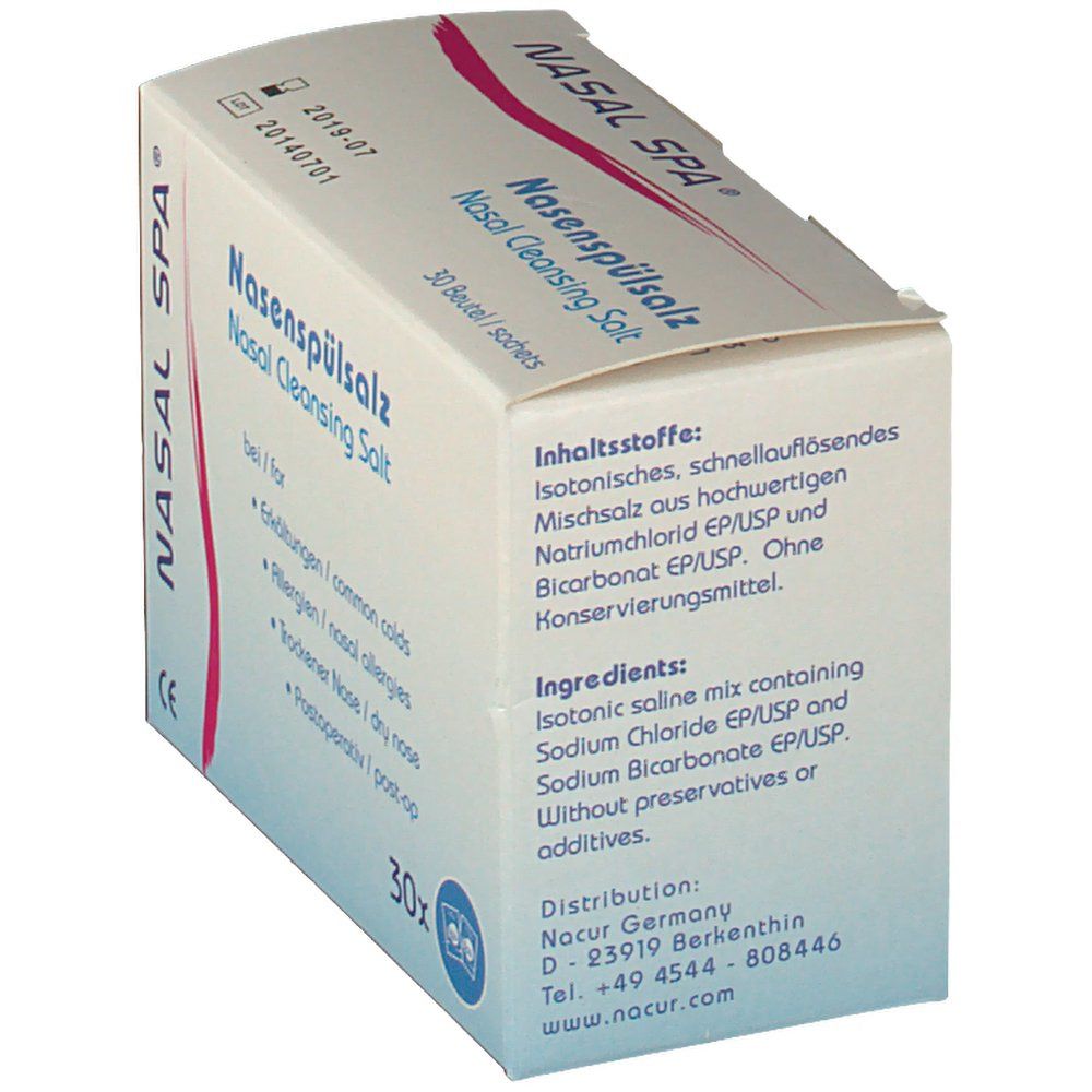 Karton mit Nasenspülsalz. Aufschrift: NASAL SPA®, Nasenspülsalz. Enthält isotonisches Salzgemisch. Ohne Konservierungsstoffe.