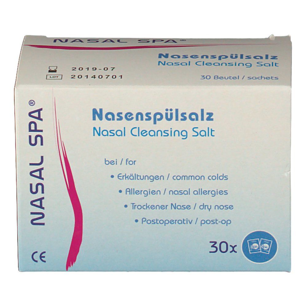 Karton mit Nasenspülsalz. Aufschrift: NASAL SPA®, Nasenspülsalz, 30 Beutel. Indikationen: Erkältung, Allergie, trockene Nase, postoperativ.