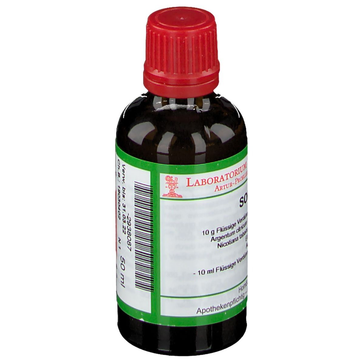 Braune Glasflasche mit rotem Verschluss. Etikett mit Produktinformationen und Aufschrift: 50 ml. Aufschrift: Solunat Nr. 4.