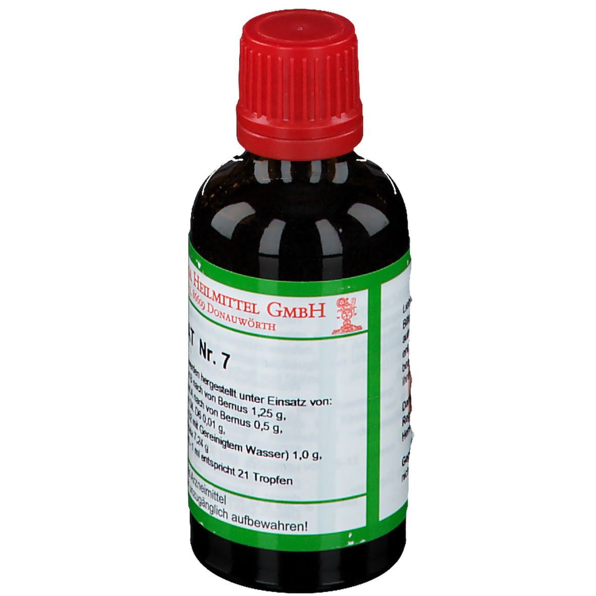 Braune Glasflasche mit rotem Verschluss. Etikett mit Produktinformationen und SOLUNAT Nr. 7.