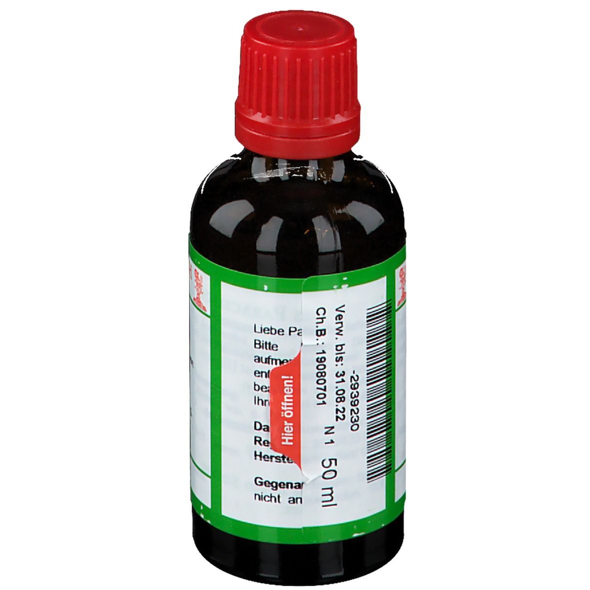 Braune Glasflasche mit rotem Verschluss. Etikett mit Produktinformationen und SOLUNAT Nr. 7. 50 ml.