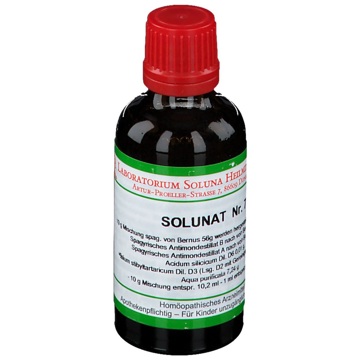 Braune Glasflasche mit rotem Verschluss. Etikett mit Produktinformationen und SOLUNAT Nr. 7.