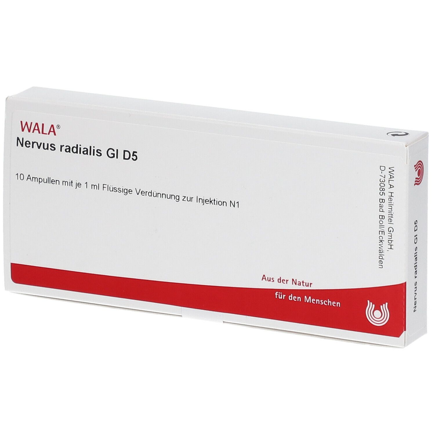 Weiße Faltschachtel mit roter Linie. Beschriftung: WALA Nervus radialis Gl D5. Enthält 10 Ampullen.