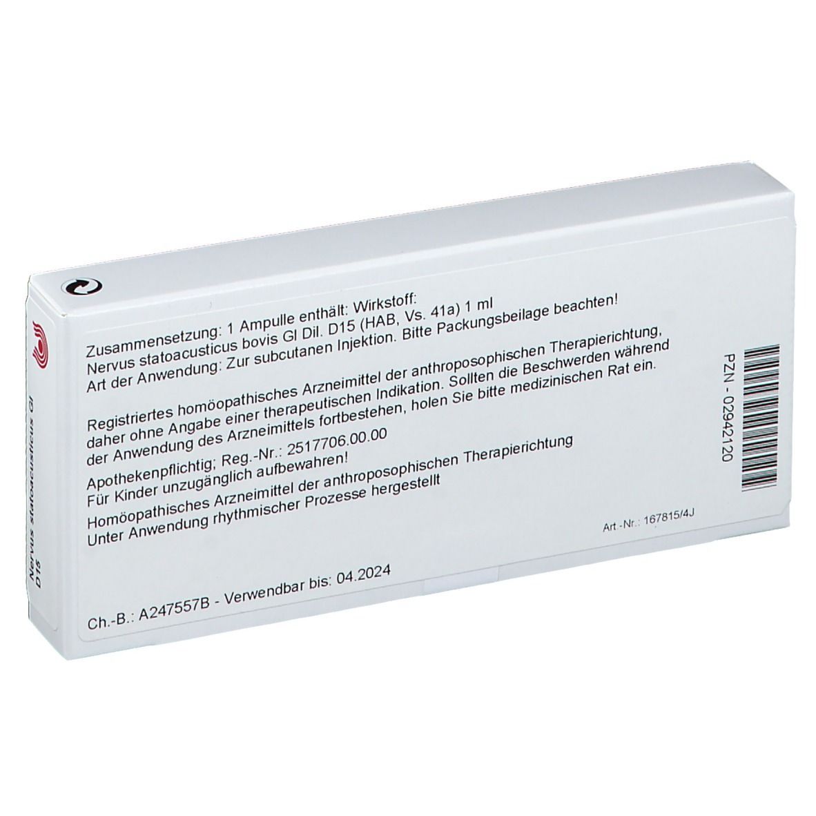 Rückseite der weißen Schachtel. Text: Zusammensetzung, Art der Anwendung, Reg.-Nr. 2517706.00.00, Ch.-B.: A247557B.