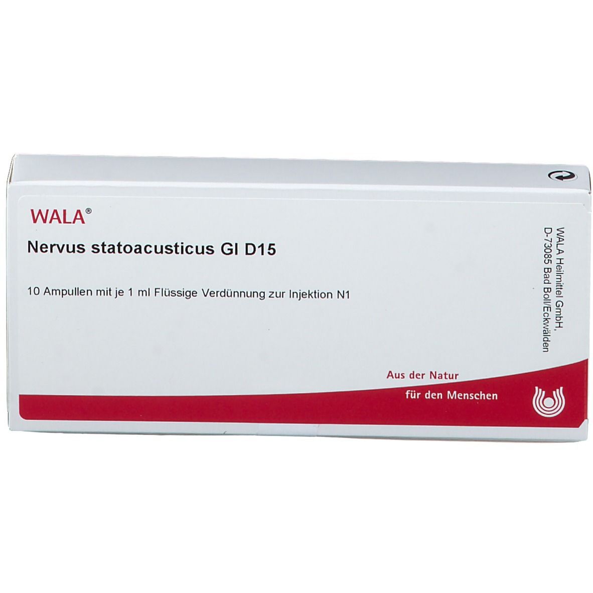 Weiße Schachtel mit rotem Streifen. Aufschrift: WALA Nervus statoacusticus GI D15. Enthält 10 Ampullen.
