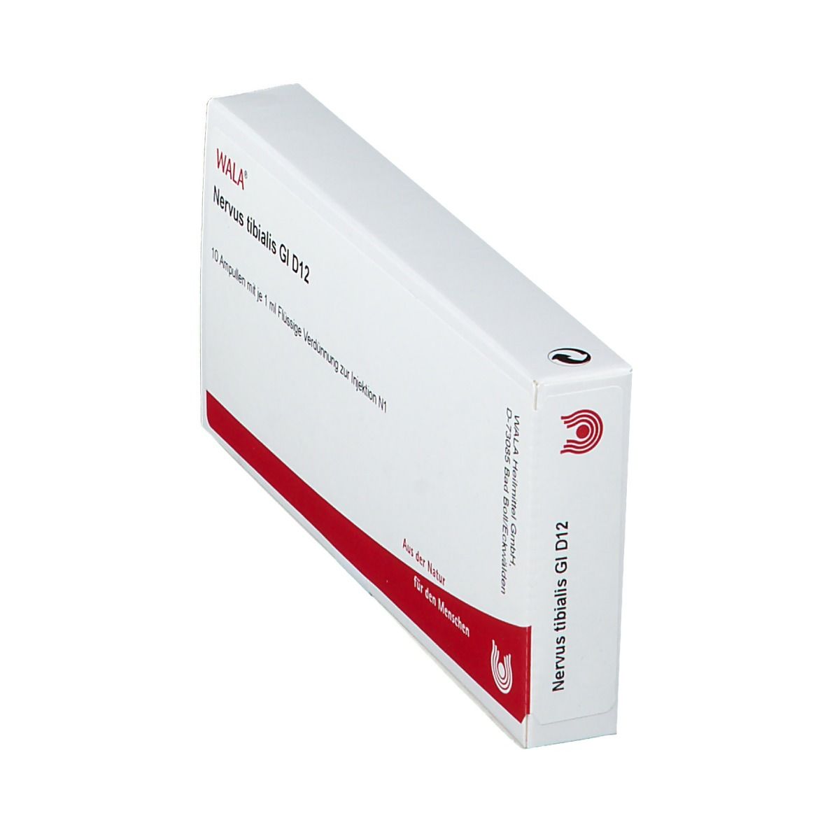 Weiße Faltschachtel mit roter Linie. Aufdruck: WALA Nervus tibialis Gl D12. 10 Ampullen. Logo.