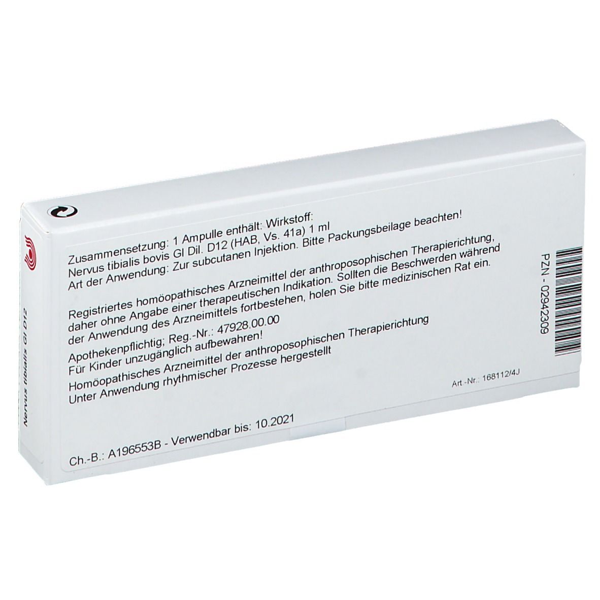 Rückseite der weißen Faltschachtel. Text in deutscher Sprache. Barcode und PZN-Nummer.