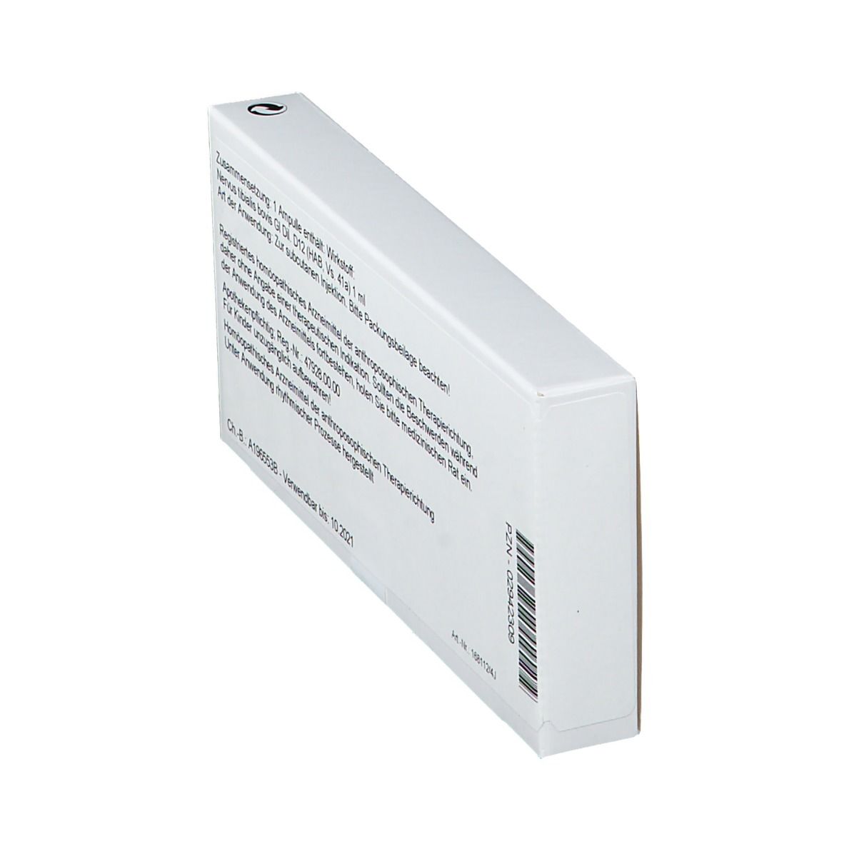 Seitenansicht der weißen Faltschachtel. Text in deutscher Sprache. Barcode und PZN-Nummer.