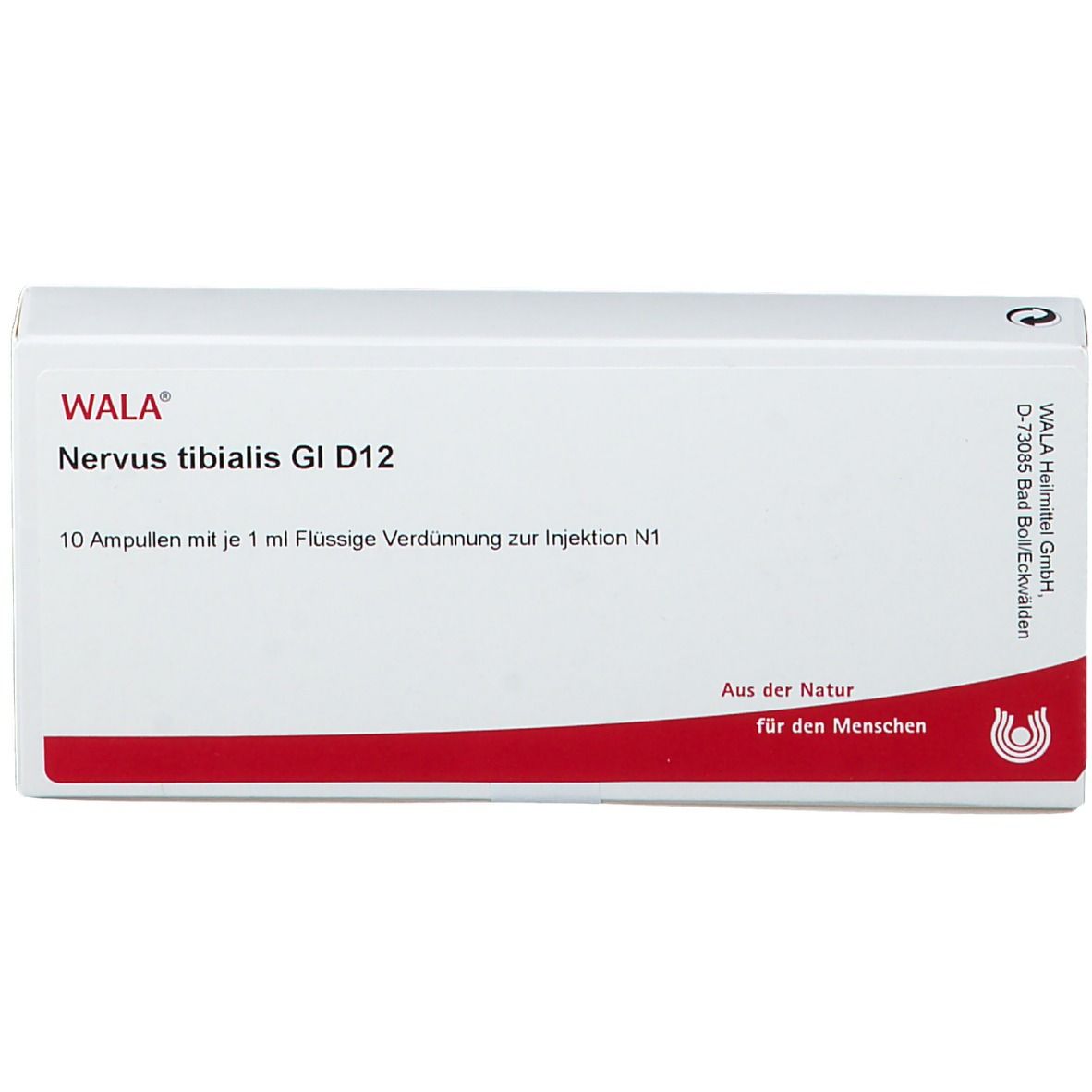 Weiße Faltschachtel mit roter Linie. Aufdruck: WALA Nervus tibialis Gl D12. 10 Ampullen. Logo.