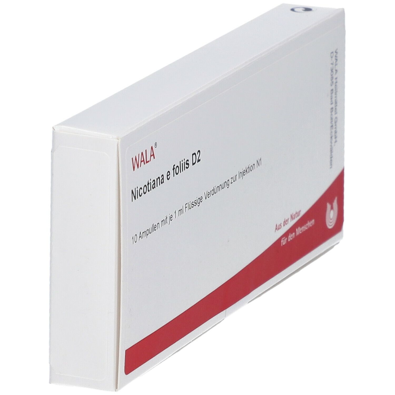 Schräg gestellte, weiße Faltschachtel mit rotem Streifen und Produktbezeichnung.