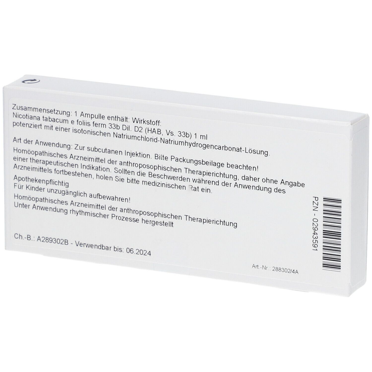 Rückseite der Faltschachtel mit Text, Barcode und Chargennummer.