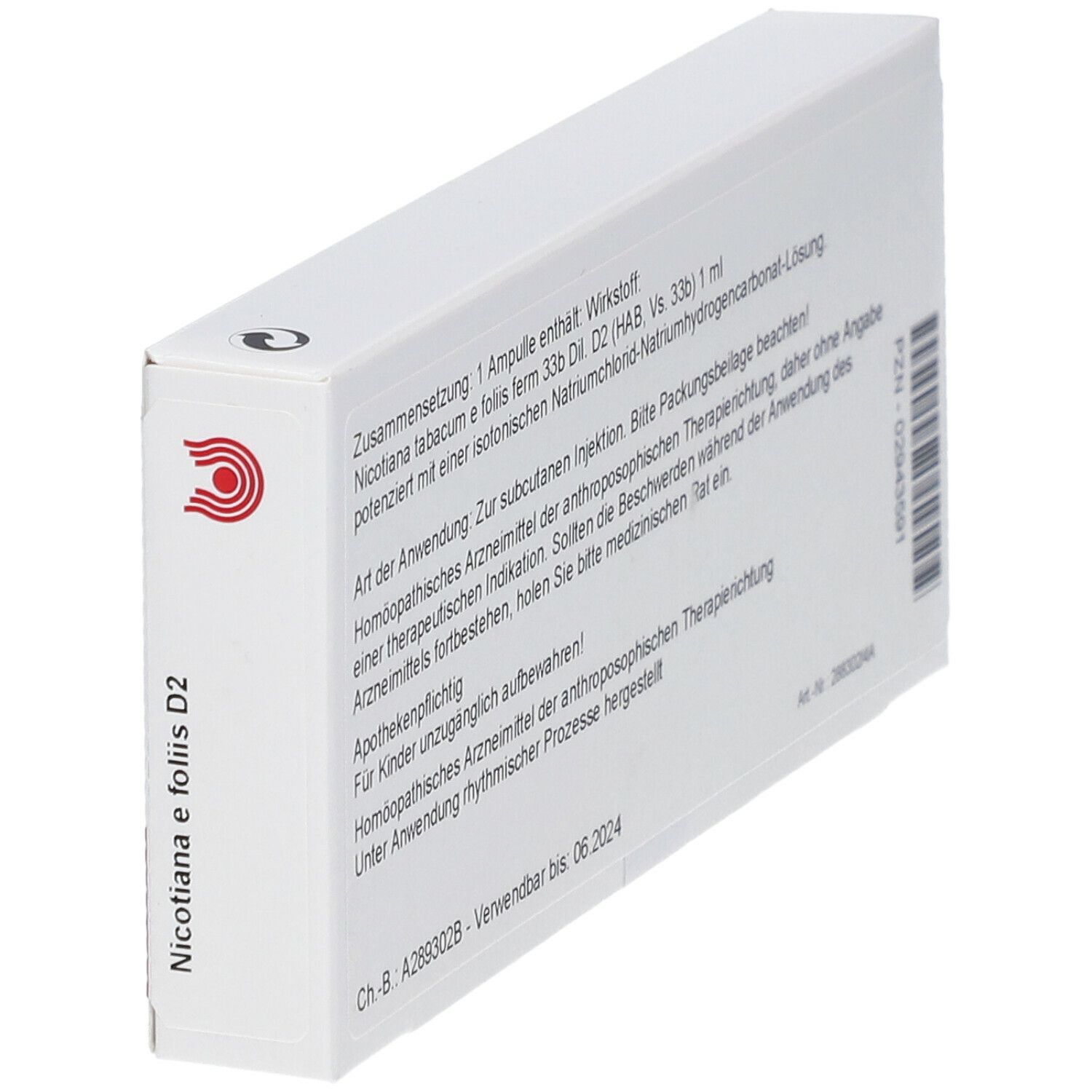 Schräg gestellte Faltschachtel, Rückseite mit Text, Barcode und Chargennummer.