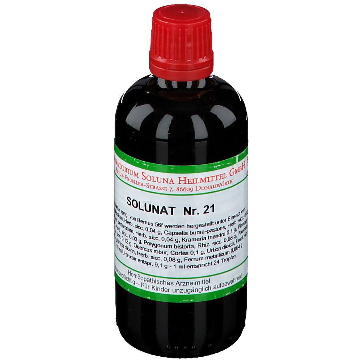 Braune Glasflasche mit rotem Verschluss. Etikett mit Produktinformationen. Homöopathisches Arzneimittel.