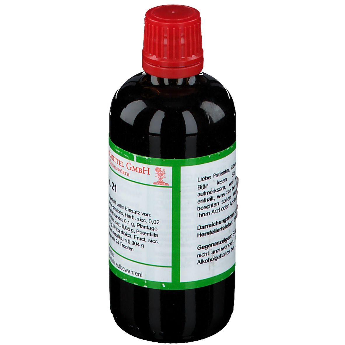 Braune Glasflasche mit rotem Verschluss. Grünes Etikett mit Text. Homöopathisches Arzneimittel. Herstellerinformationen.