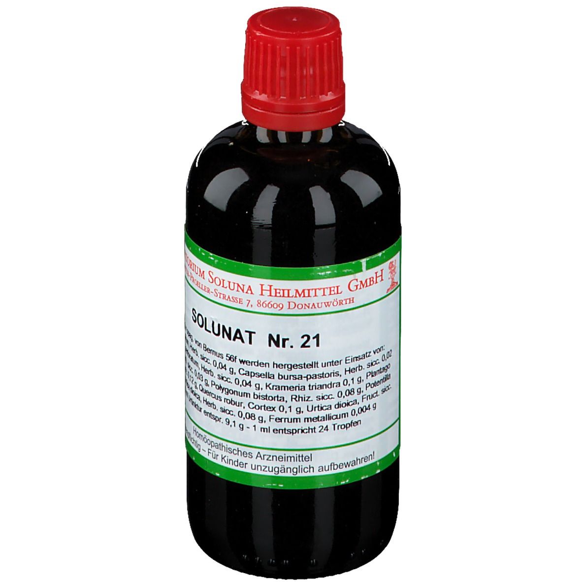 Braune Glasflasche mit rotem Verschluss. Etikett mit Produktnamen und Inhaltsstoffen. Homöopathisches Arzneimittel.