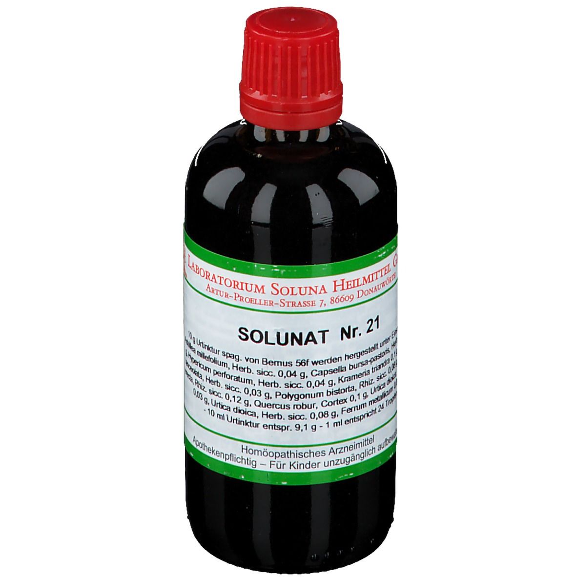 Braune Glasflasche mit rotem Verschluss. Etikett mit Produktnamen und Inhaltsstoffen. Homöopathisches Arzneimittel.