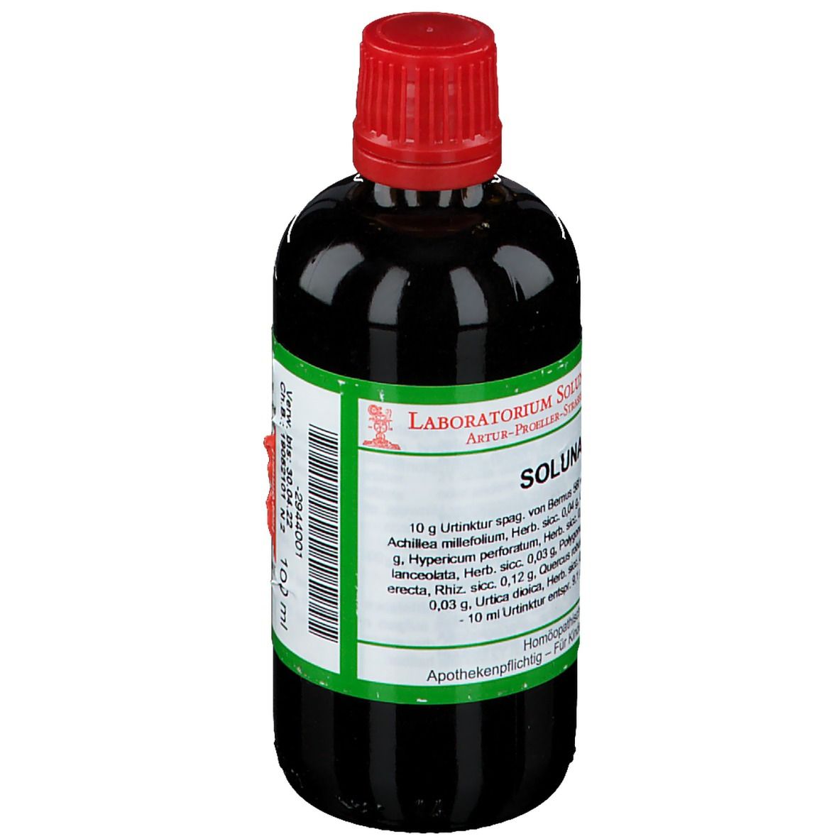 Braune Glasflasche mit rotem Verschluss. Etikett mit Produktnamen und Inhaltsstoffen. 100 ml. Homöopathisches Arzneimittel.