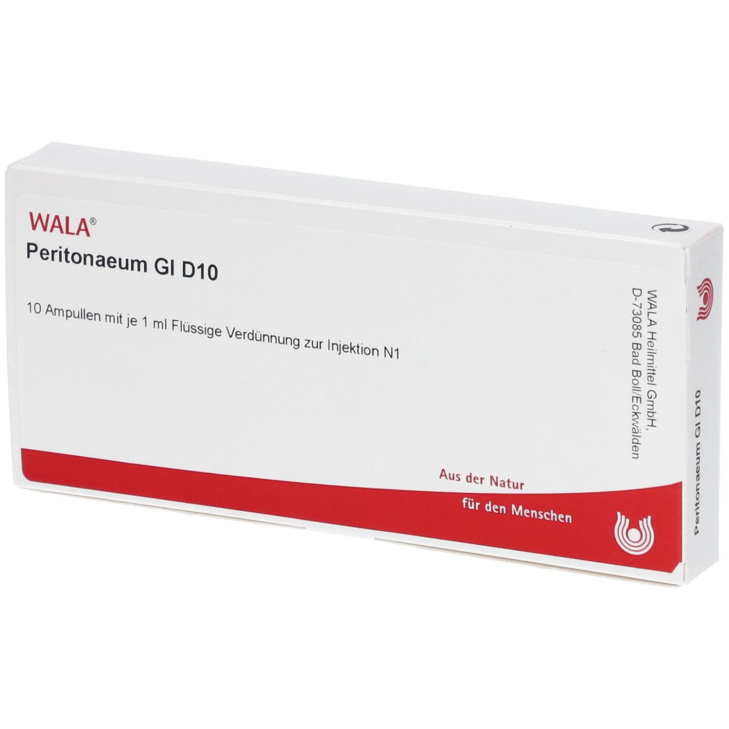 Weiße Schachtel mit rotem Streifen. Aufschrift: WALA Peritonaeum GI D10. Enthält 10 Ampullen.