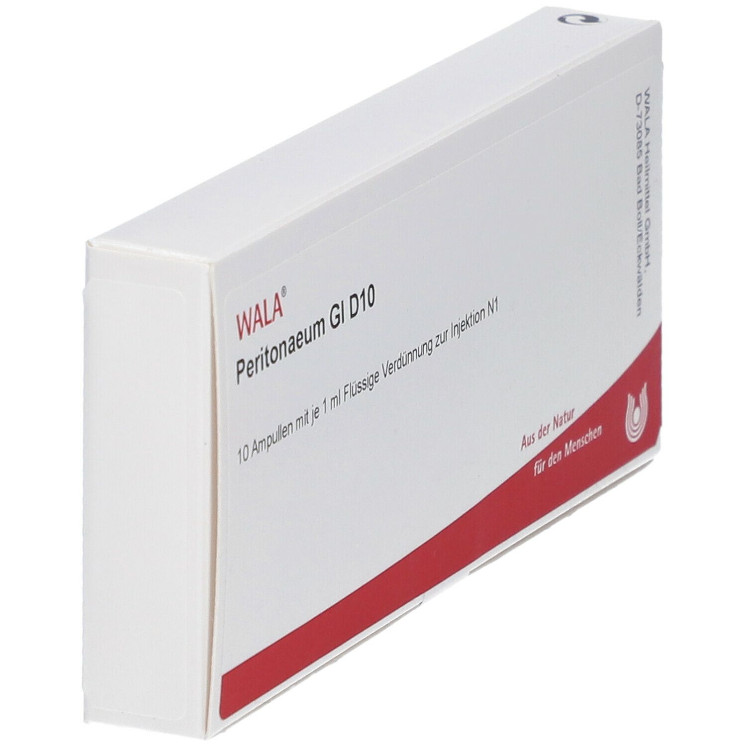 Weiße Schachtel mit rotem Streifen. Aufschrift: WALA Peritonaeum GI D10. Schachtel schräg gestellt.