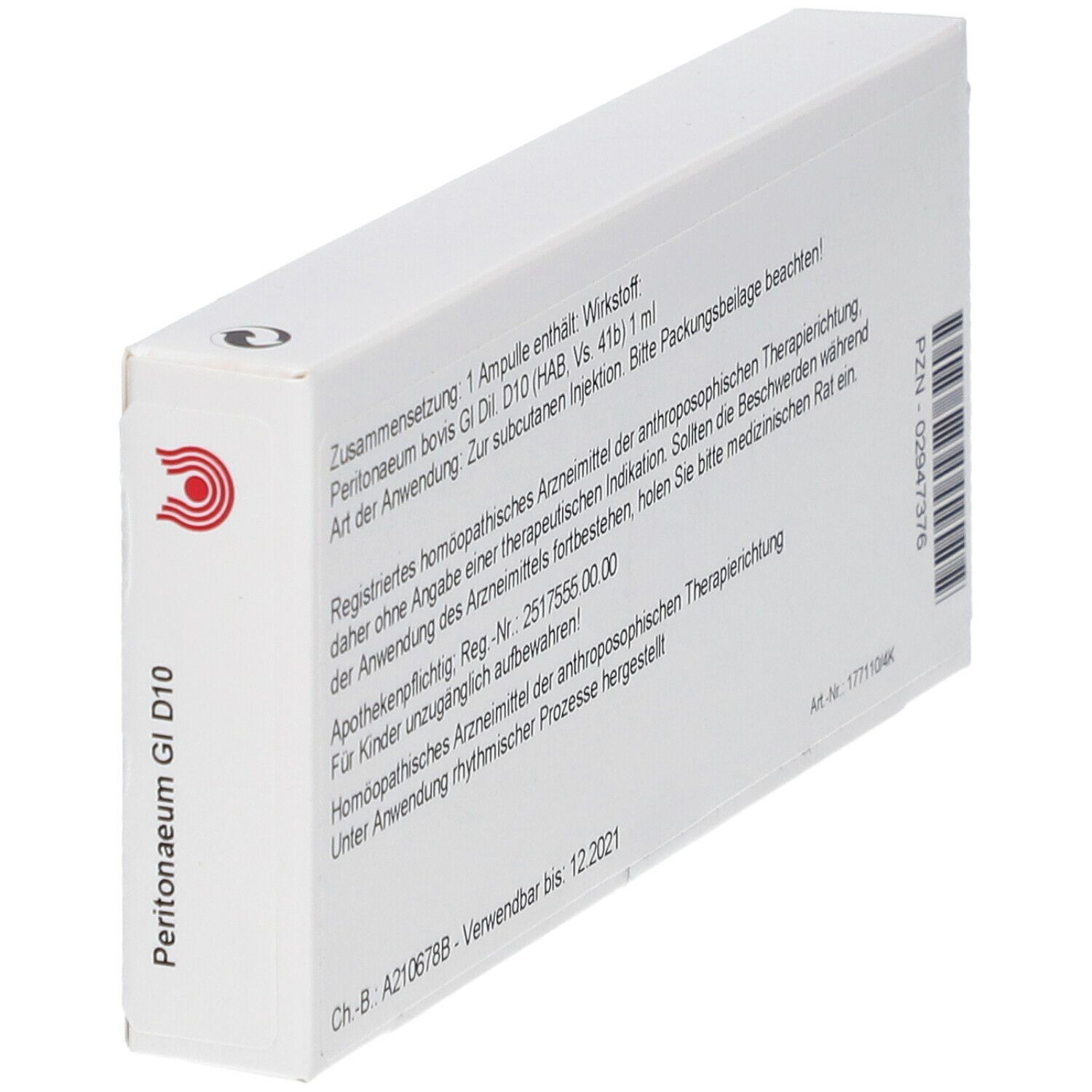 Weiße Schachtel, Rückseite. Aufschrift: WALA Peritonaeum GI D10. Text über Inhaltsstoffe und Anwendung.