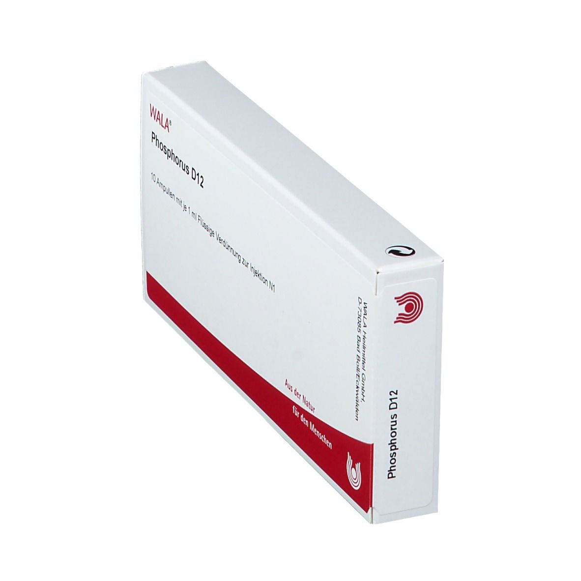 Schachtel WALA Phosphorus D12, weiß mit rotem Streifen. Aufschrift: 10 Ampullen mit je 1 ml. Logo und Text: Aus der Natur für den Menschen.