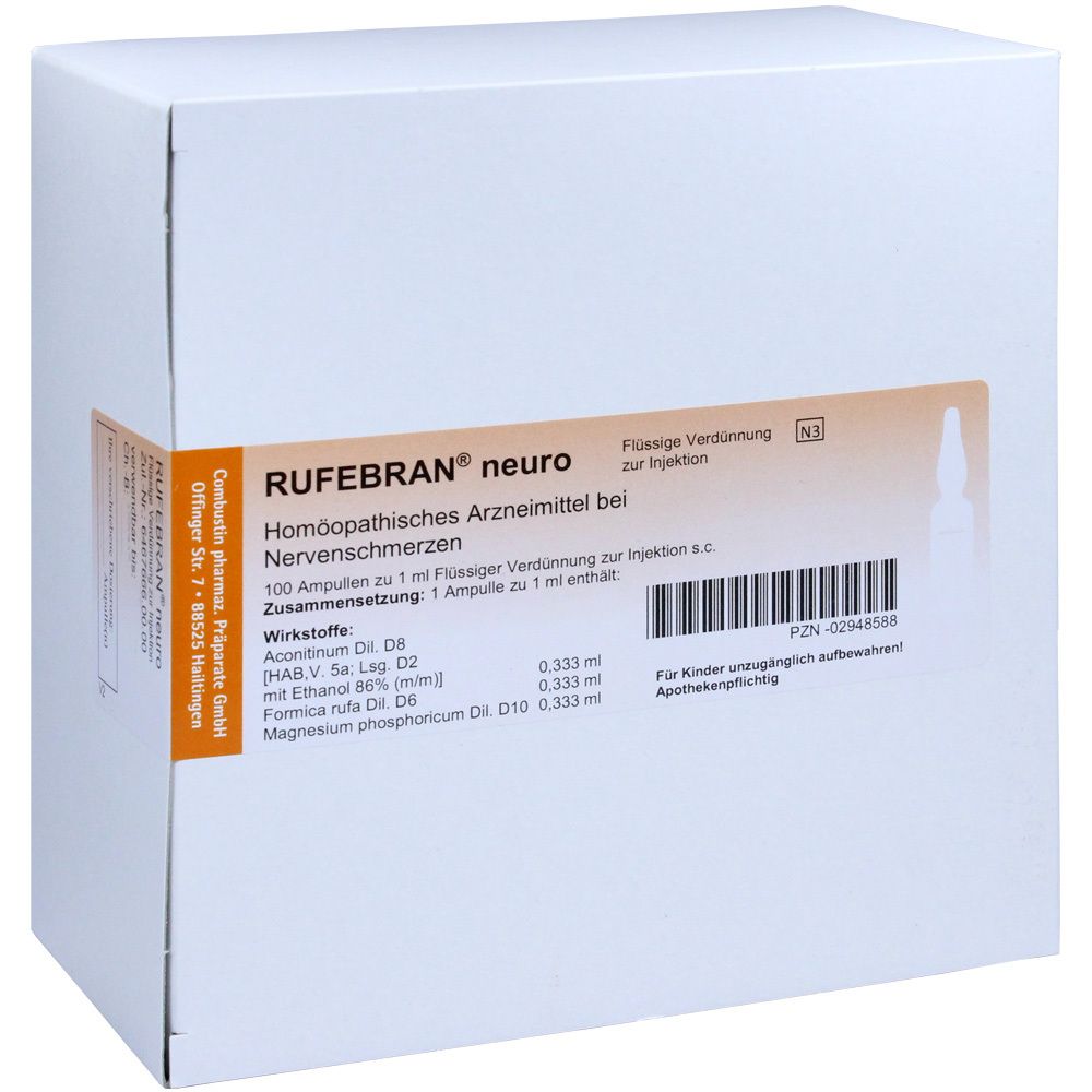 Weiße Produktverpackung mit Aufschrift RUFEBRAN neuro. Enthält 100 Ampullen. Text in Deutsch.