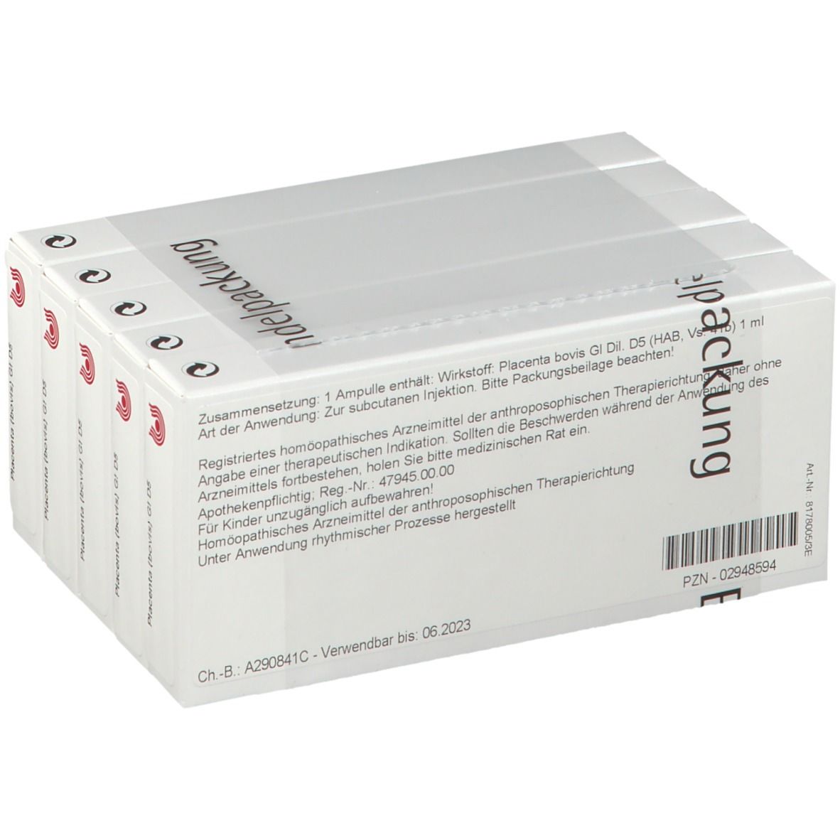 WALA® Placenta bovis Gl D 5. Packung mit Ampullen. Rückseite mit Text und PZN.