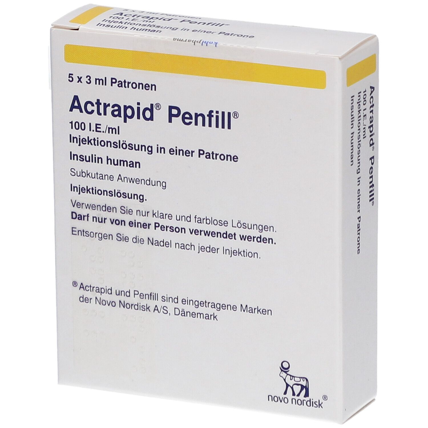 Verpackung von Actrapid Penfill. Enthält 5 x 3 ml Patronen. Aufschrift: 100 I.E./ml, Injektionslösung. Logo von Novo Nordisk.