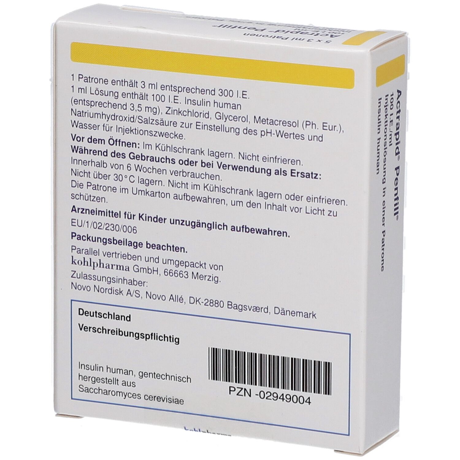 Rückseite der Actrapid Penfill Verpackung. Enthält Informationen zu Inhaltsstoffen und Hersteller. PZN-02949004.