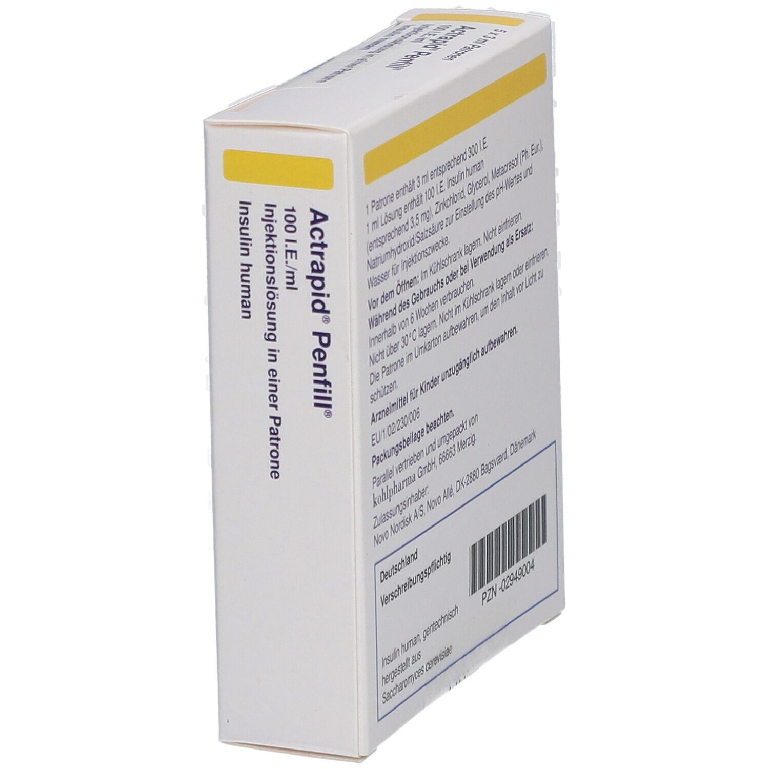 Schräg gestellte Verpackung von Actrapid Penfill. Aufschrift: 100 I.E./ml, Injektionslösung. Informationen auf der Rückseite.