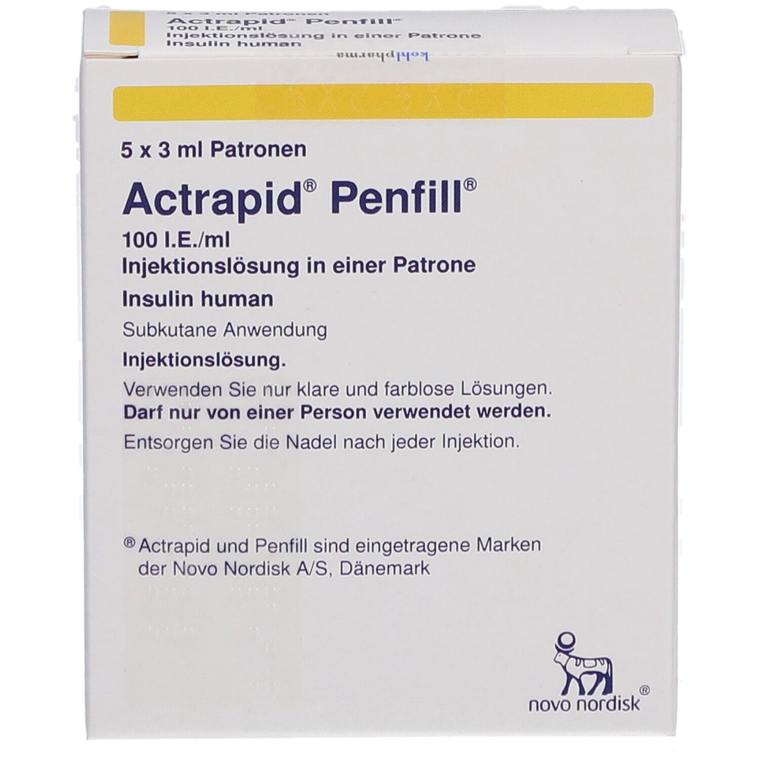 Vorderansicht der Actrapid Penfill Verpackung. Enthält 5 x 3 ml Patronen. Aufschrift: 100 I.E./ml, Injektionslösung. Logo von Novo Nordisk.