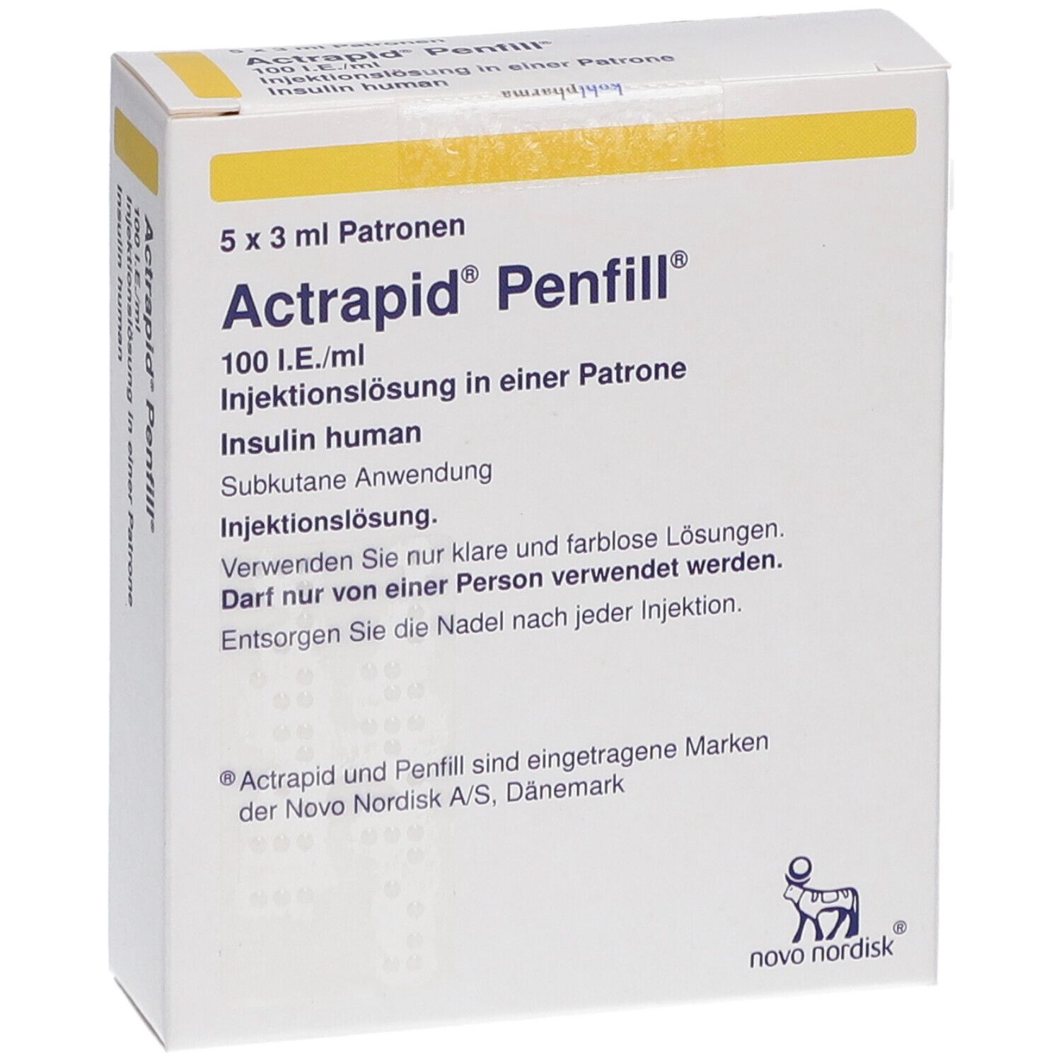Vorderansicht der Actrapid Penfill Verpackung. Enthält 5 x 3 ml Patronen. Aufschrift: 100 I.E./ml, Injektionslösung. Logo von Novo Nordisk.