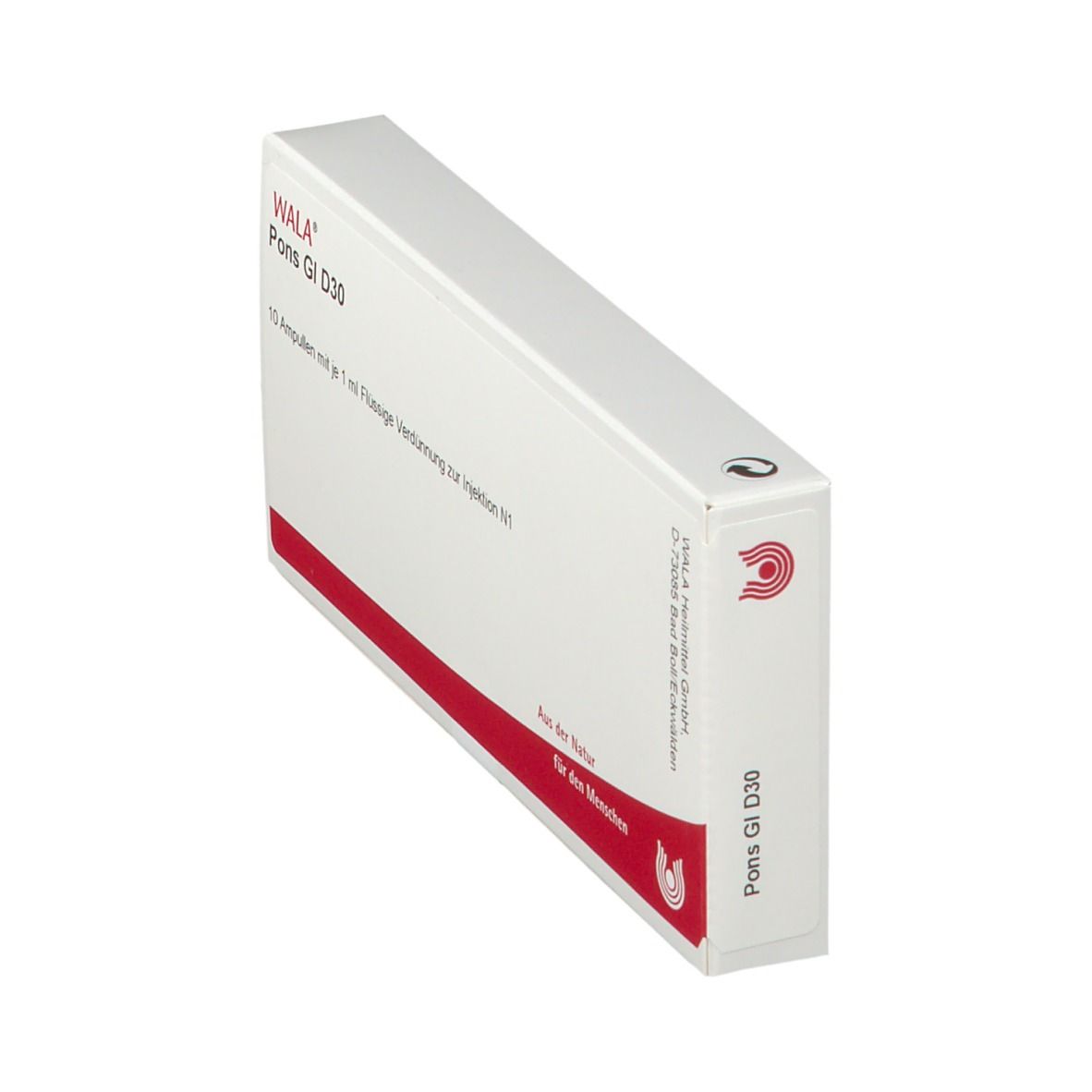 Weiße Schachtel mit roter Linie. Aufschrift: WALA® Pons Gl D30. Schrägansicht.