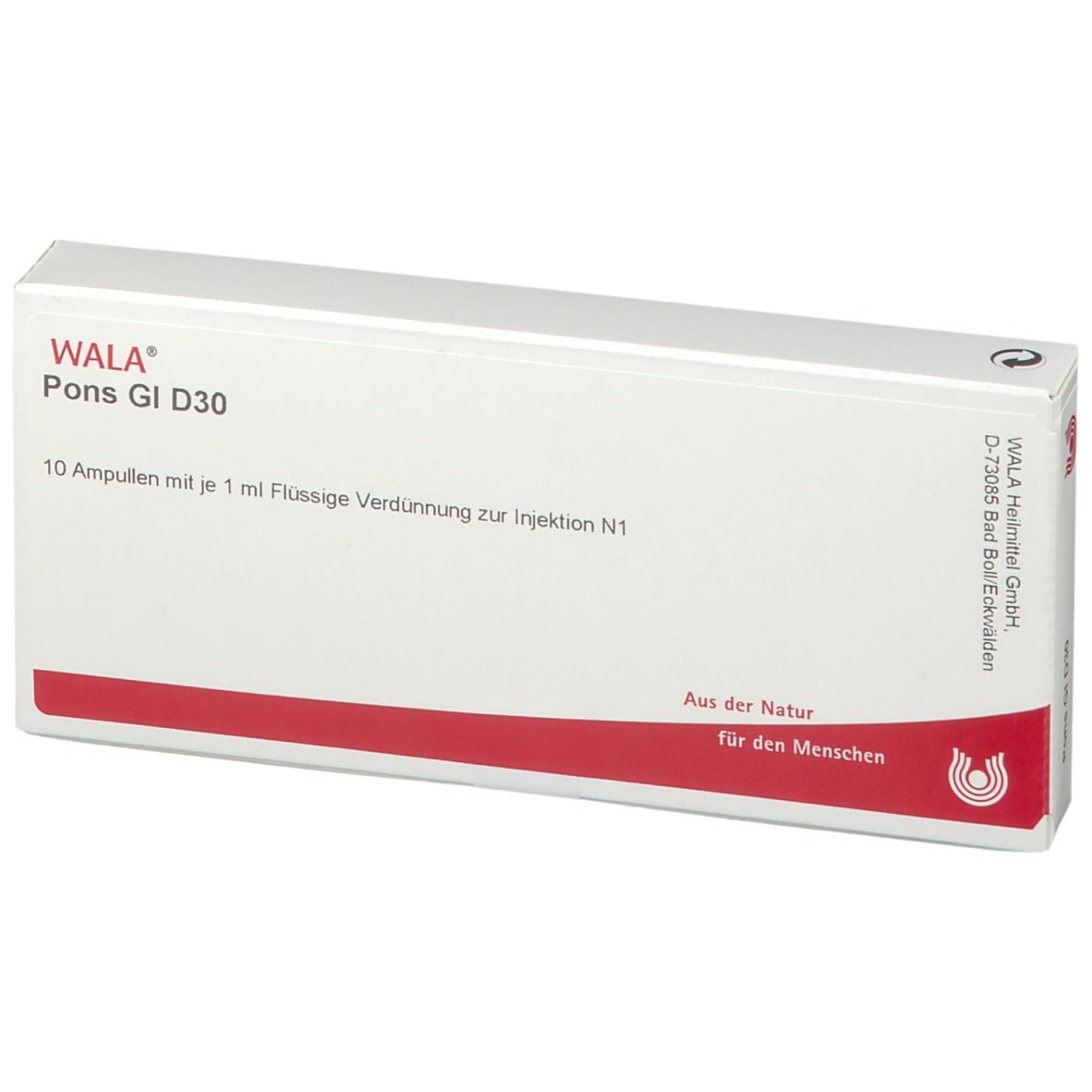 Weiße Schachtel mit roter Linie. Aufschrift: WALA® Pons Gl D30. Enthält 10 Ampullen.