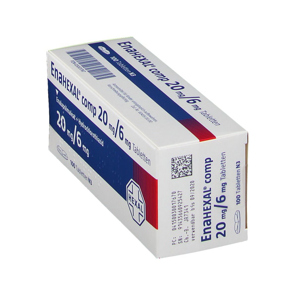 EnaHEXAL comp 20 mg/6 mg Tabletten-Packung. Schachtel schräg, weiße Basis, blaue und rote Akzente. HEXAL-Logo.
