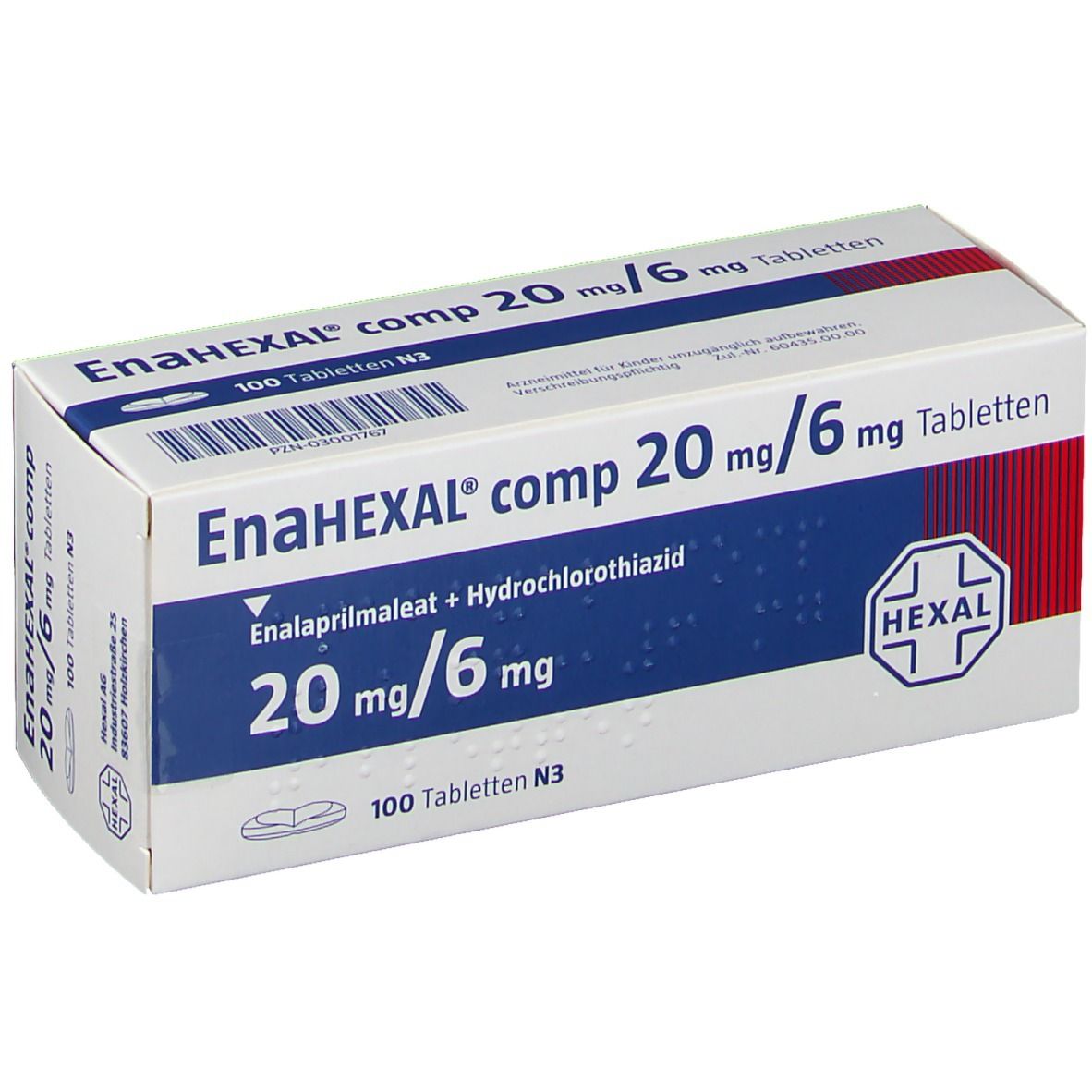 EnaHEXAL comp 20 mg/6 mg Tabletten-Packung. Weiße Schachtel mit blauer Schrift und HEXAL-Logo. 100 Tabletten.