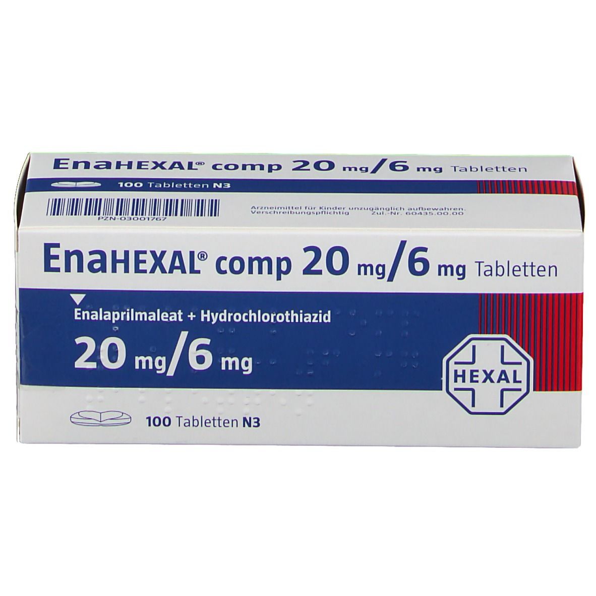 EnaHEXAL comp 20 mg/6 mg Tabletten-Packung. Weiße Schachtel mit blauer Schrift und HEXAL-Logo. 100 Tabletten.