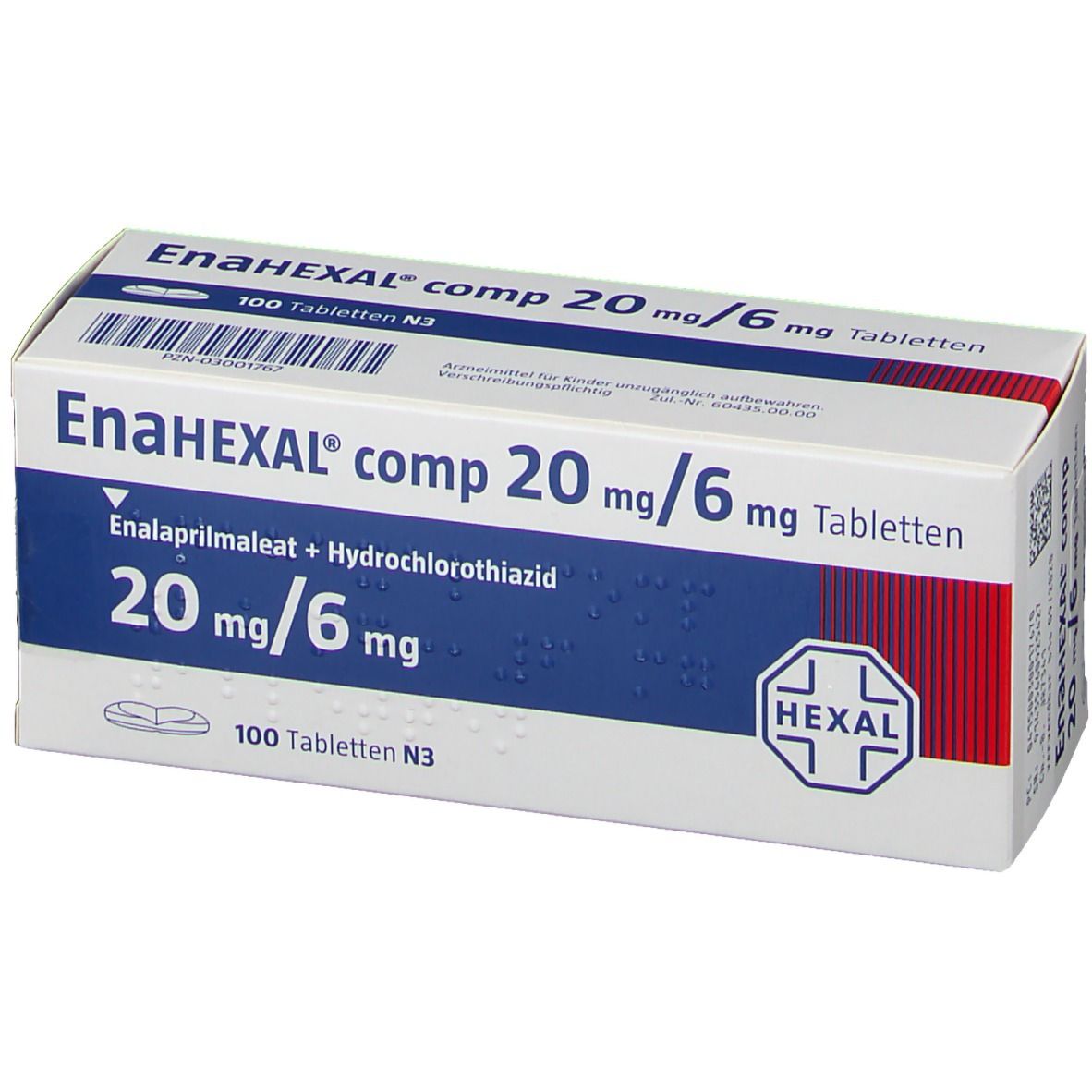 EnaHEXAL comp 20 mg/6 mg Tabletten-Packung. Weiße Schachtel mit blauer Schrift und HEXAL-Logo. 100 Tabletten.