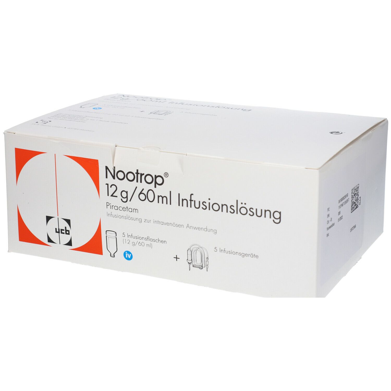 Karton mit Produktinformationen. Aufschrift: Nootrop 12 g/60 ml Infusionslösung. Enthält 5 Infusionsflaschen und Zubehör.