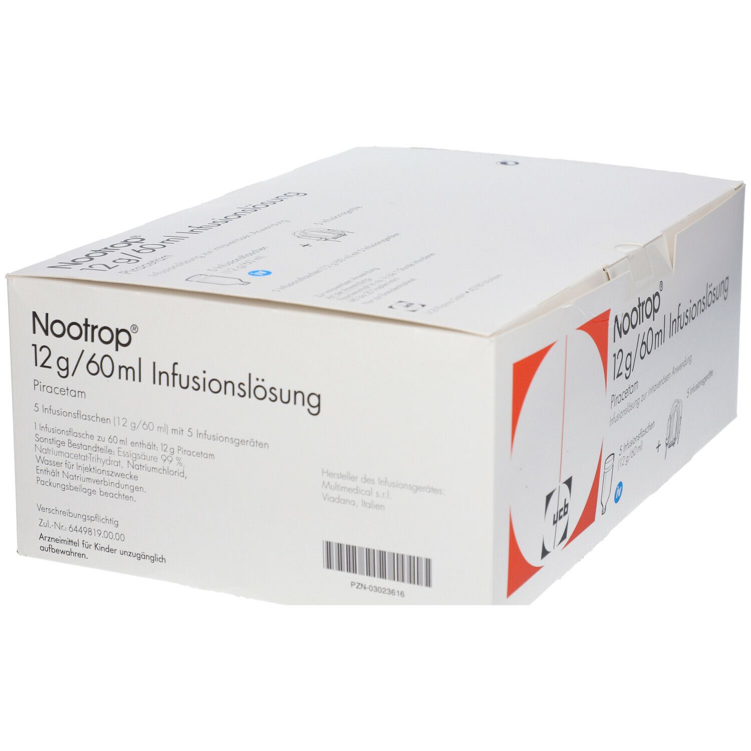 Karton mit Produktinformationen. Aufschrift: Nootrop 12 g/60 ml Infusionslösung. Enthält 5 Infusionsflaschen und Zubehör.