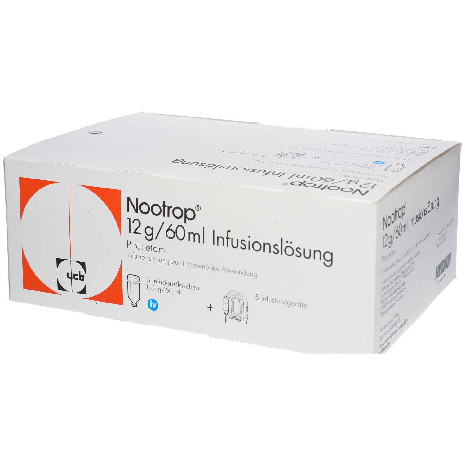 Karton mit Produktinformationen. Aufschrift: Nootrop 12 g/60 ml Infusionslösung. Enthält 5 Infusionsflaschen und Zubehör.