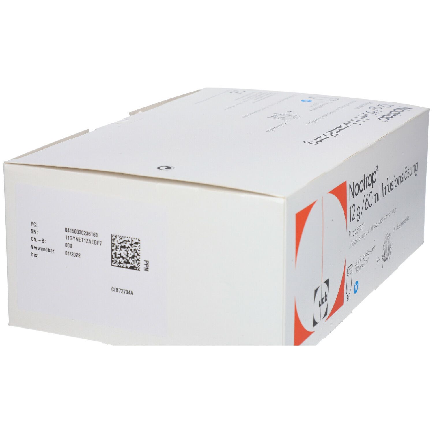 Karton mit Produktinformationen. Aufschrift: Nootrop 12 g/60 ml Infusionslösung. Enthält 5 Infusionsflaschen und Zubehör.