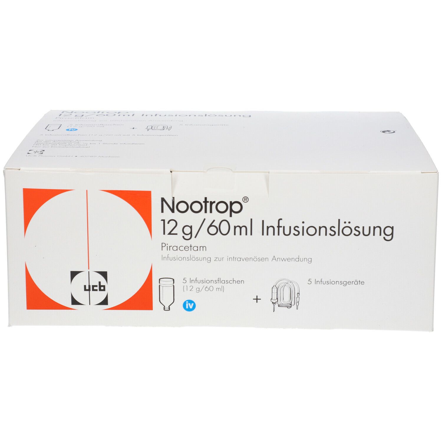 Karton mit Produktinformationen. Aufschrift: Nootrop 12 g/60 ml Infusionslösung. Enthält 5 Infusionsflaschen und Zubehör.