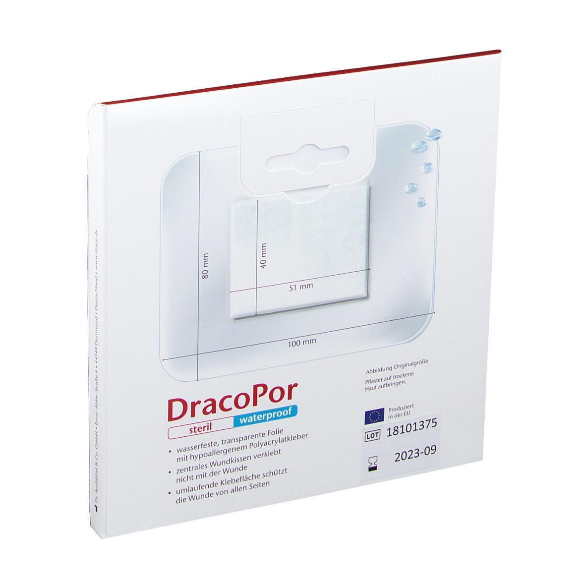 DRACOPOR Verpackung, steril, wasserdicht. Abbildung des Verbands. Maße: 100 x 80 mm, Verband 51 x 40 mm. EU-Zertifizierung.