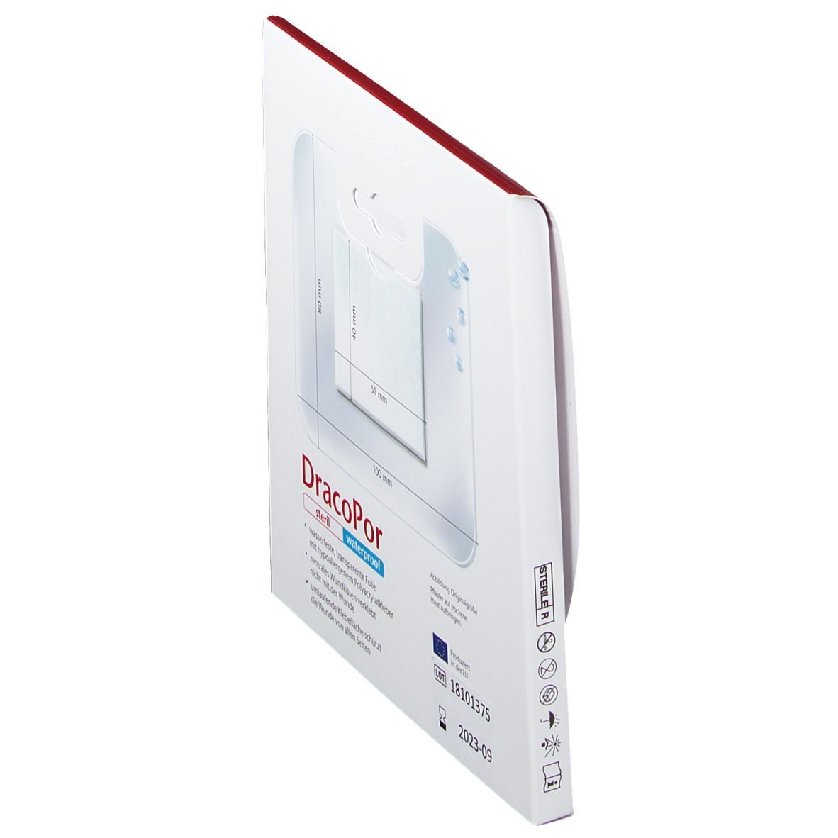 DRACOPOR Verpackung, steril, wasserdicht. Seitenansicht. EU-Zertifizierung. Haltbarkeitsdatum 2023-09. Produktinformationen.