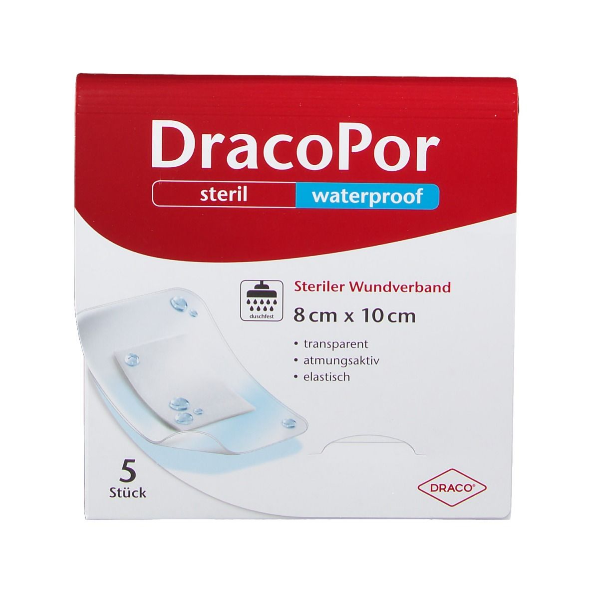 DRACOPOR Wundverband Verpackung, steril, wasserdicht. 5 Stück. Größe 8 x 10 cm. Transparent, atmungsaktiv, elastisch.