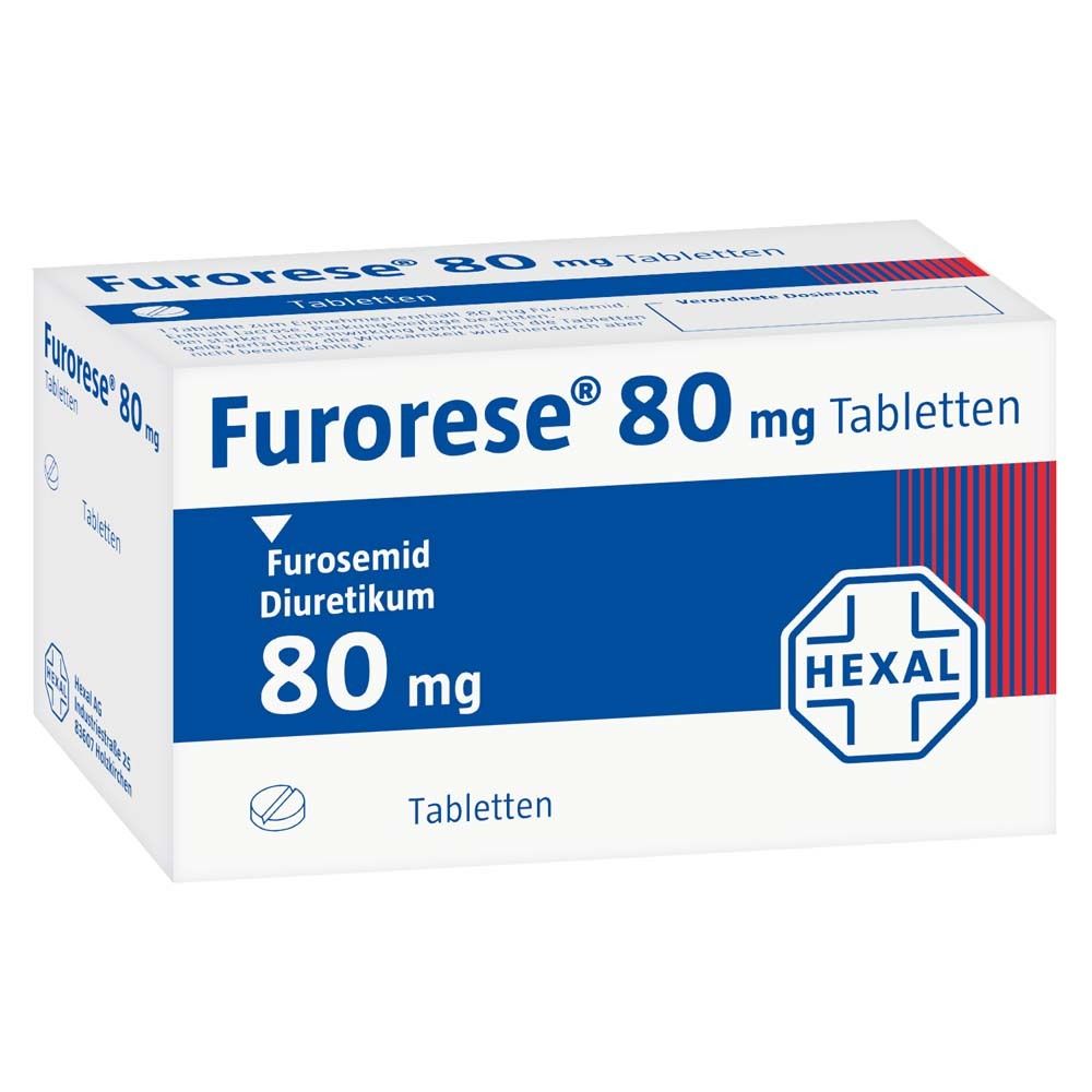 Furorese® 80 mg Tabletten-Packung. Weiß-blaue Schachtel mit Produktnamen und HEXAL-Logo.