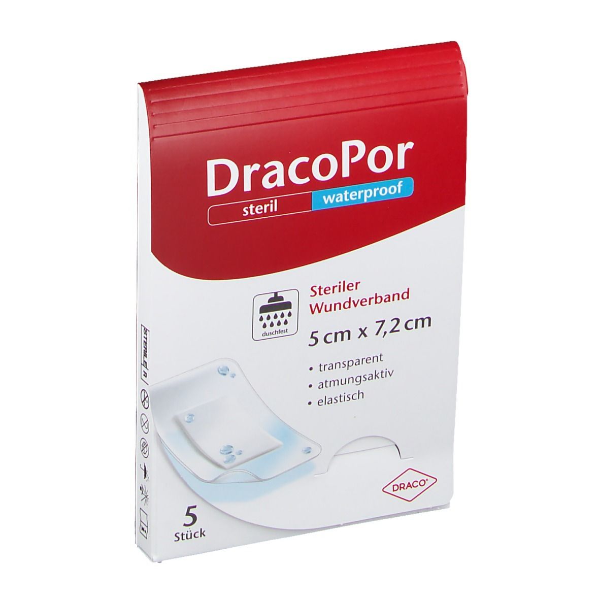Verpackung von DracoPor Wundverband. Weiß-rote Schachtel mit Produktnamen, steril, waterproof. 5 Stück, 5 x 7,2 cm. Transparent, atmungsaktiv, elastisch.